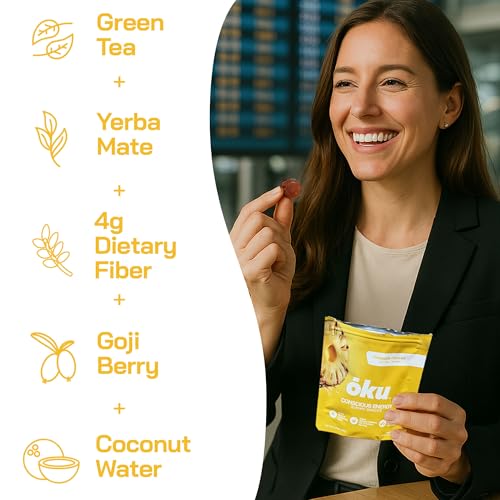 Image of ōku Energy Chews - Energy Gummies w /Natural Caffeine from Green Tea | Yerba Mate, Coconut Water for Hydration, Vegan Fiber Gummy, Non-GMO | Running, Cycling, On-the-Go Snacks, Pineapple (12-Pack)
