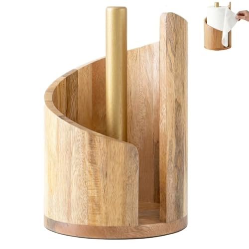 KINDLUME Kompakter Küchenrollenhalter Holz Stehend 15cm Kleiner Papierrollenhalter Gold-Optik für Standardrollen Platzsparender Hölzern Handtuchrollenhalter für Tischplatte Kleine Küche