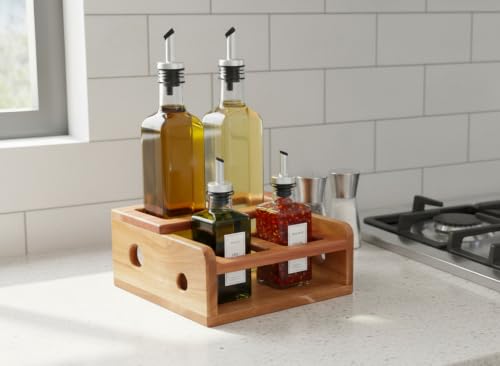 Image of WOODFARM Countertop Natural Wood /Wooden Rack /Stand for Oil Bottle /Dispenser, Seasoning Storage Holder /Organizer - 4 Hole