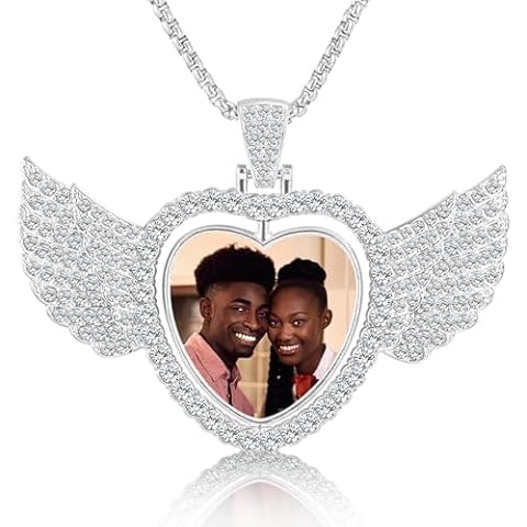 Custom Picture Necklace, Personalized Photo Necklace, Memory Necklace Chain with Angel Wings Pendant, Gift for Men Women (Angel Wing-Heart Silver) Cover