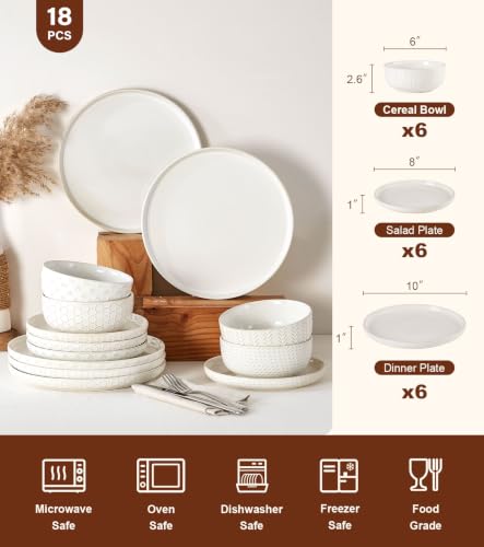 Image of Lareina 18 Piece Dinnerware Sets for 6, Farmhouse Style Stoneware Plates and Bowls Sets, Embossed Boho Ceramic Dish Set, Scratch Resistant & Dishwasher Safe, Vintage White