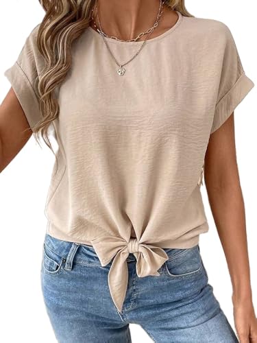 dsumvns Women's Summer Tie Knot Front Tops Crew Neck Knotted
