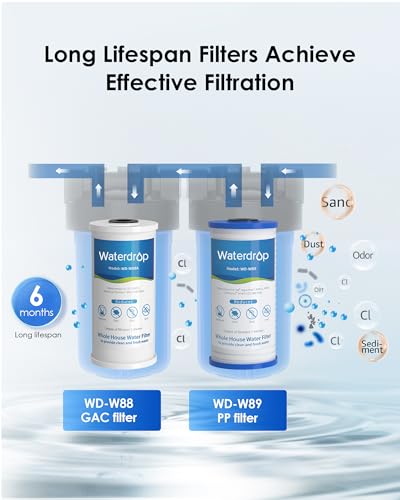 Image of Waterdrop WHF21-PG 2-Stage Whole House Water Filter System, Highly Reduces Lead, Chlorine, Odor and Taste, 5-Stage Filtration, with Carbon Filter and Sediment Filter, 5 Micron, 1 inch Inlet /Outlet