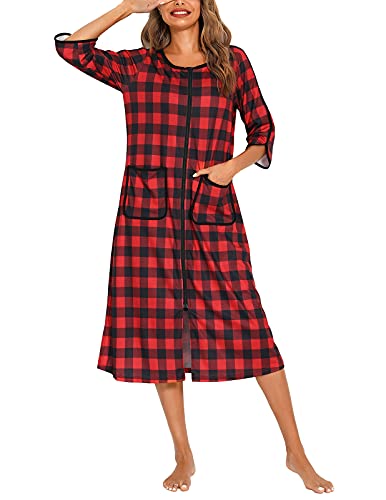 Image of Veseacky Women Robe Zipper Front House Coat 3 /4 Sleeve Nightgown Full Length Ladies Lounge Dress with Pockets S-XXL