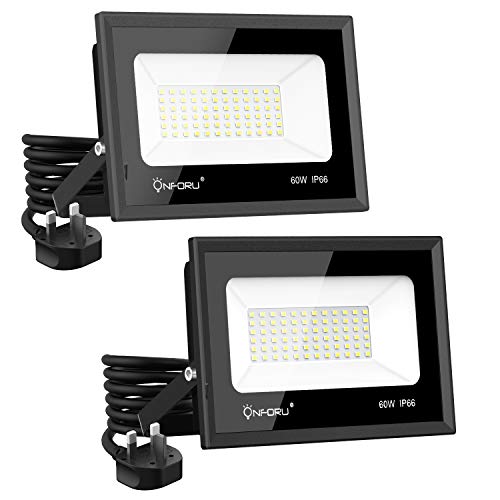 Onforu 60W LED Floodlights, 6500lm Super Bright Security Lights with Plug, IP66 Waterproof Outdoor Flood Lights, 5000K Daylight White Outside Floodlights for Backyard, Garden, Garage, Rooftop