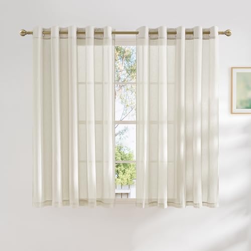 NICETOWN Linen Sheer Kids Room Curtains 63 inches Long, Grommet Linen Blend Semi Sheer Privacy Window Treatments Light Filtering Drapes for Living Room, Natural, W62 x L63, Set of 2