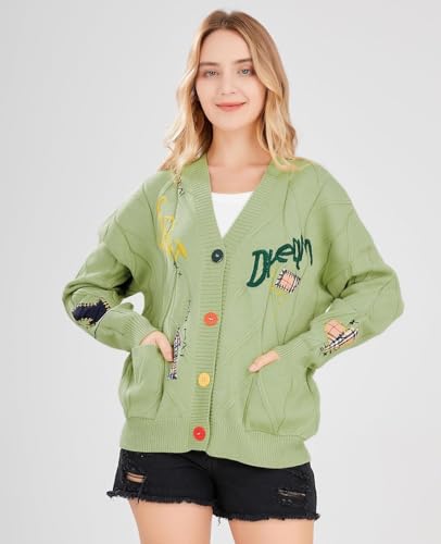 Image of yoeasy Women's Embroidery V Neck Knit Cardigan Sweater Loose Open Front Button Down Long Sleeve Sweater