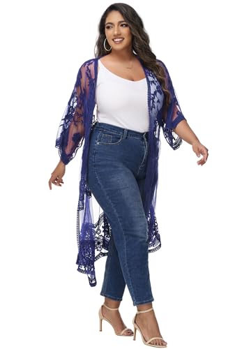 Image of Anna-Kaci Women's Plus Size Lace Cardigan Embroidered Long Kimono Dusters with Half Sleeves