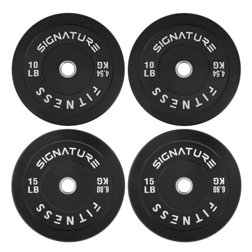 Signature Fitness Discos de peso olímpicos de 2 pulgadas con cubo de acero, juego de 50 libras, 2 x 10 libras, 2 x 15 libras