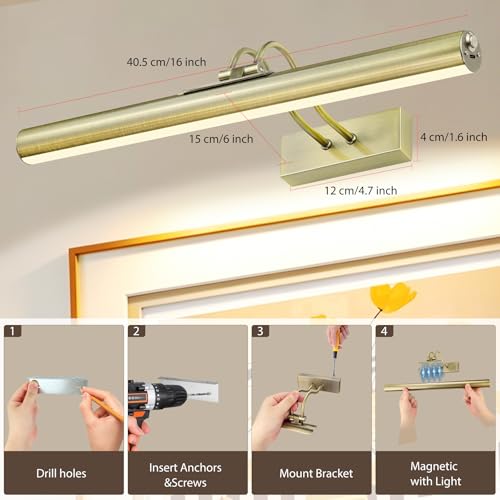 Image of Picture Light,Magnetic Wall Lights 5000mAh,16inch Art Light,Antique Brass | Photo Lights for Wall Rechargeable,Remote Timer and Dimmer Gallery Light,Metal Painting Light for Portrait Display Frame