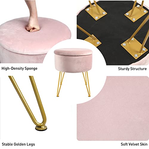 Dearyou Velvet Round Ottoman Footstool With Gold Metal Legs,Stool With Storage For Vanity,Coffee Table Top Cover,Velvet Dressing Table Seat For Living Room,Bedroom,Removable Seat Lid (Pink) #TOP2