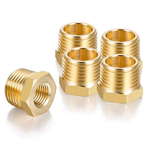 INIRET 5 packs 1/2\" NPT Male to 1/4\" NPT Female Reducer Adapter,Brass Pipe Fitting,Brass Reducer Hex Bushing Threaded Pipe Fitting, Hose Tube Adapter Convert.