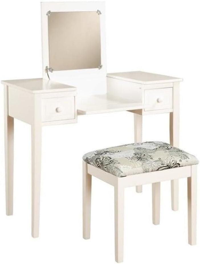 Pemberly Row Vanity Table and Bench Set, 36" Wide, Rubberwood and MDF Construction, White Finish, Flip Top Mirror, Upholstered Padded Stool, Bedroom Makeup Space with Storage Drawers