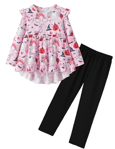 Image of Yekaty Girls Clothes Ruffle Shoulder High Low Hem Long Sleeve Top and Floral Pants 2 Piece Fall Outfits Clothing Set