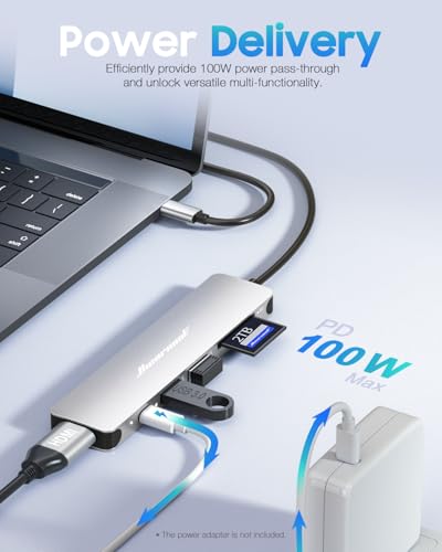 Image of Hiearcool USB C Hub Multi-Port Adapter, 7-in-1 USB-C Dongle with 4K HDMI 100W PD SD /TF Card Reader, USBC Dock Compatible for MacBook Pro /Air Dell XPS Lenovo HP and Other Windows Laptops-Sliver White