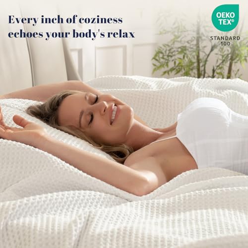 Image of PHF 100% Cotton Waffle Blanket Lightweight Breathable, Twin Size, Cream | Pre-washed Soft Cozy Summer Throw for Hot Sleepers, Textured Decorative Layer for Bed Couch Sofa Guest Room, Giftable