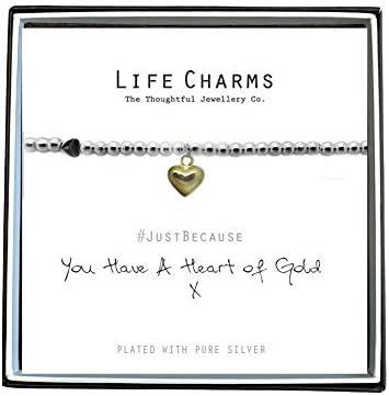 Life Charms Women Jewellery Heart of Gold Bracelet Wristband Ladies Gift, Silver, 3.5 inches