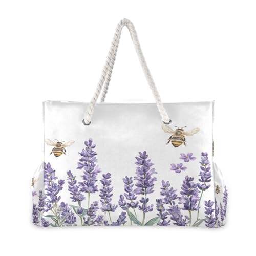 Lavander and Bee Beach Bag & Travel Tote Bag Large Sandproof with Zipper Closure, Wet Pouch for Swim Gym Travel, Lightweight Foldable Outdoor Bag2