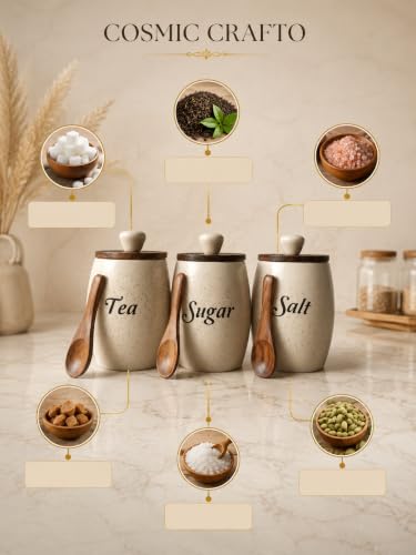Image of Ceramic Airtight Tea Coffee Salt Canister Set of 3 (Dholak Spoon)