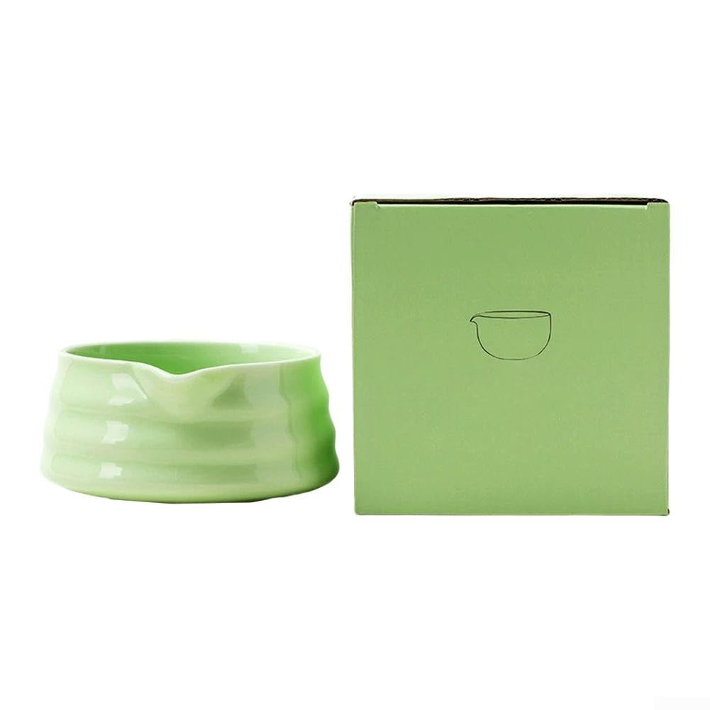 Handcrafted Japanese Matcha Bowl with Pouring Spout 13cm Ceramic Tea Mixing Bowl Traditional Earthenware Chawan for Preparing and Serving Frothy Matcha Green Tea at Home & Office(Green)
