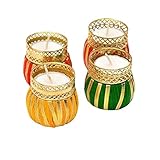 KIYAY 's Exquisito portavelas indio de metal para decoración Gotta Thread Yute Ring Decorative Tealight Portavelas (multicolor) (juego de 4)