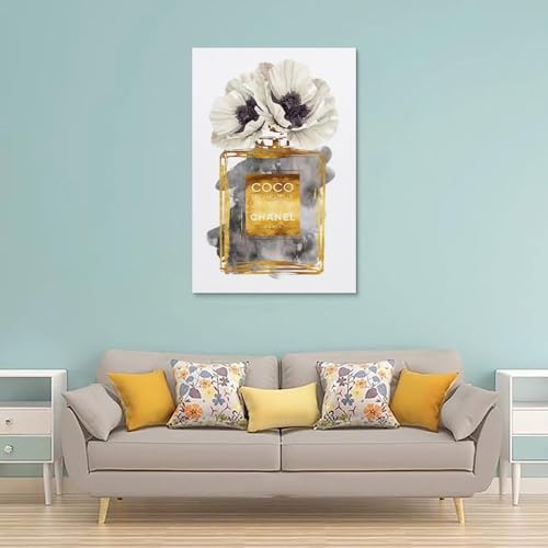 Image of BanLaArt Fashion Perfume Bottle Dark Gold With Dark Grey & White Poppy Canvas Print Poster Decorative Painting Canvas Wall Art Picture Print Modern Family Bedroom Decor 16x24inch(40x60cm), style-4