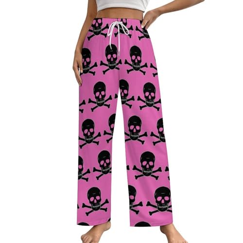 Vêtement pantalon de nuit rose à motifs crânes doté de poches latérales