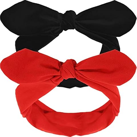 2 Pieces Retro Headbands Woman Girl Headbands with Bows Cotton Handmade Hairbands Baby Vintage Wire Headband Rabbit Ear Bow Hair Band Headwrap (Red and Black, Adult Size) Cover