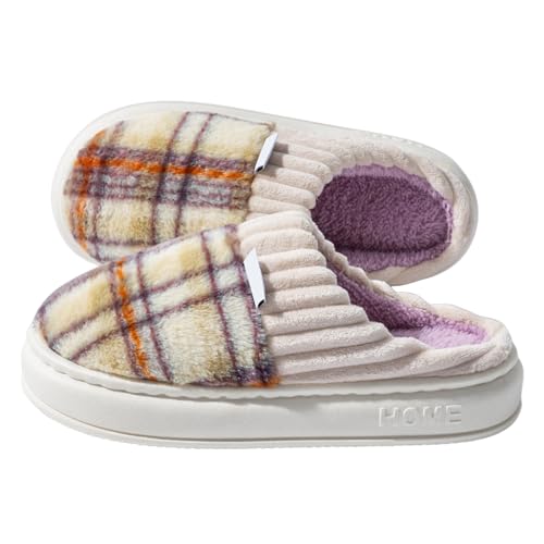 ZSpzx Women's Fuzzy House Slippers Checkered Faux Fur Lining Casual Soft Sole Outdoor Indoor Slippers Fall Winter Warm Fluffy Plush Thermal Anti Slip Comfortable Bedroom Shoes