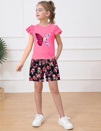 Image of mksodop Girls outfits 2-Piece ruffled short sleeve butterfly floral print high waist floral shorts girls summer clothes