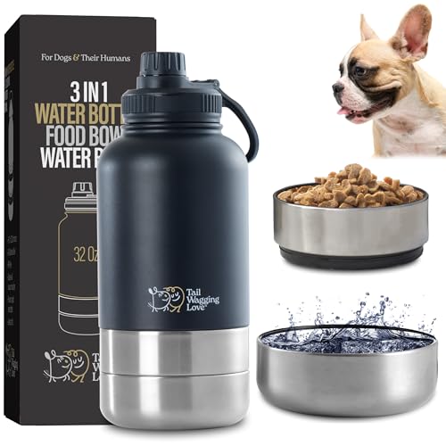 Tail Wagging Love 32oz 3-in-1 Portable Travel Water Bottle, Food & Hydration Bottle - Dual Use for Humans & Pets with Detachable Bowls, Stainless Steel, Keeps Water Hot for 6hrs & Cold for 12hrs