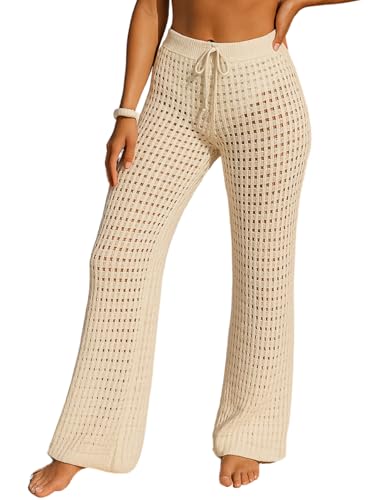 Saída De Praia Calça Tricot Crochê Pantalona Alto Verão Cintura Alta Moda Feminina (BR, Alfa, Único, Regular, Off White)