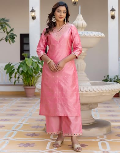 Image of SKYLEE Silk Blend Embroidery and Sequins Work, Weaving, Lace Straight Kurta Set with Dupatta