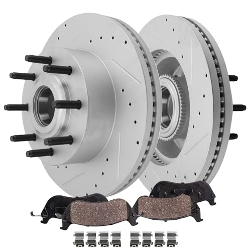 Image of Detroit Axle - RWD Front Brake Kit for Ford 2012-2022 F-250 2013-2022 F-350 Super Duty Drilled and Slotted Brakes Rotors Ceramic Brake Pads 2014 2015 2016 2017 2018 2019 2020 2021: 14.29 inch inch Rotor