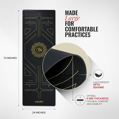 Image of Wiselife True Alignment Yoga Mat + Sleek Yoga Strap For Men And Women | Probalance Eco-TPE Material 6MM | Extra Thick Extra Long Extra Wide | Charcoal Black