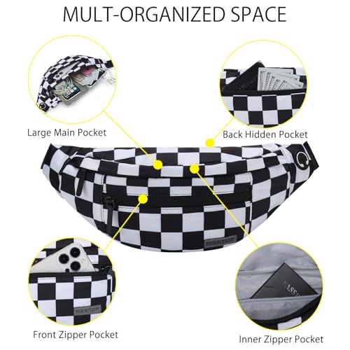 Image of MAXTOP Checkered Fanny Pack Crossbody Bag with 4-Zipper Pockets Large Belt Bag for Enjoy Festival Sports Workout Traveling Running Casual Hands-Free Waist Bag Black and White Checkered