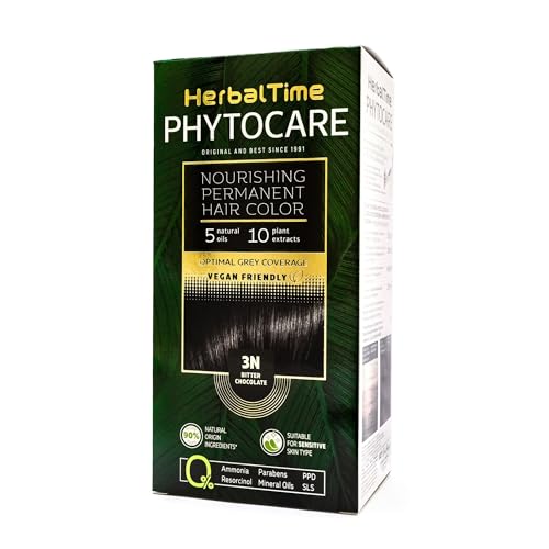 Herbal Time Phytocare Permanent Hair Dye Color Bitter Chocolate 3N | Professional Natural Hair Dye Kit | Nourish and Protect Your Hair | Ammonia, PPD and SLS Free | 124.5 ml