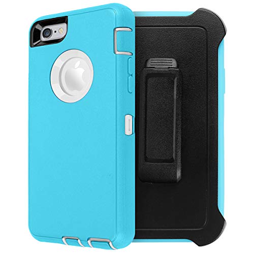 AICase iPhone 6/6s Case with Belt Clip Holster, [Built-in Screen Protector] Heavy Duty Shockproof Tough Case, Rugged 4-in-1 Quadruple-Layer Protection Cover, Light Blue/White(with Belt-Clip)