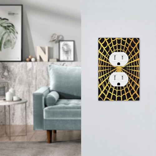 Decorative Outlet Covers Black Background with Golden Spiderweb Spider 1 Gang Duplex Light Switch Cover Plate Unique Wall Plate Electrical Switch Plate Covers for Bedroom Home Decor