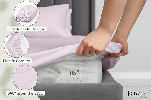 Image of Royale Linens 100% Organic Cotton Twin Fitted Sheet Only - Percale Weave - Super Soft Deep Pocket Bottom Sheets - Lavender Elastic Sheet - Twin Size Fitted Sheets Only - (39 inchx75 inch+15 inch, Lavender)