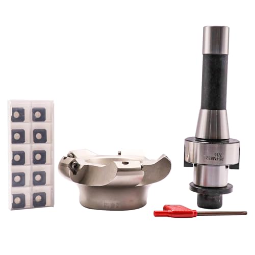 Image of 3.94 inch /100mm Cut Dia 5-Flute KM12 100-32-5T Face Mill Shell Cutter Set | 45 Indexable Face Mill, R8 FMB32 7 /16-20UNF Shank Face End Mill Arbor with 10Pcs SEKT1204 Carbide Inserts and T20 Wrench