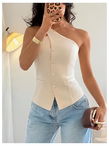 MakeMeChic Women's One Shoulder Vest Tops Button Down Sleeveless Blazer Jacket3