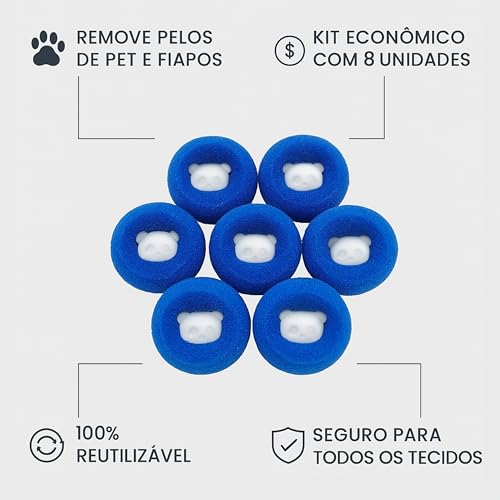 Esponja Bolinha Tira Pelos para Máquina de Lavar - Kit 8 Unidades Removedor Reutilizável de Pelos de