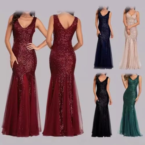 Robe fluide en queue de poisson pailletée décolleté maille sans manches