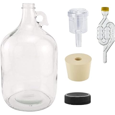 North Mountain Supply 1 Gallon Glass Fermenting Jug with Handle, 6.5 Rubber Stopper, 6-Bubble Airlock, 2-Piece Airlock & Black Plastic Lid Cover