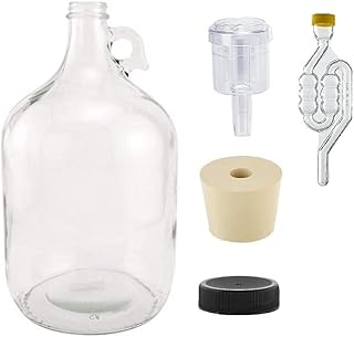 North Mountain Supply 1 Gallon Glass Fermenting Jug with Handle, Size 6.5 Rubber Stopper, 6 Bubble Airlock, 2 Piece Airlock, Black Plastic Lid, Set of 2