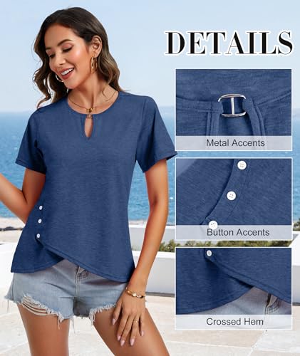 MFAVIP Womens Summer Tops Short Sleeve T Shirts Trendy Cute Keyhole Neck Dressy Casual Basic Work Ladies Clothing Navy Blue — view 5