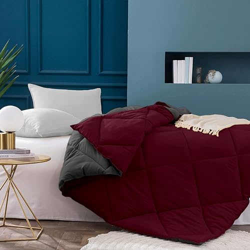 Image of Filbert 600 GSM Comforter for Double Bed | Super Warm Winter Quilt /Rajai | Thick Microfiber Blanket with Cloud-Soft Fill | Luxury Bedding for Winters - 90x100 Inch | Wine /Dark Grey