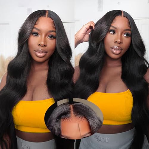 FASCARA Lace Front Wigs Body Wave 5x5 HD Lace Closure Wigs Human Hair For Women 180% Density Transparent Lace Front Wig Pre Plucked 9A Glueless With Baby Hair Free Part Natural Black Color 24 Inch