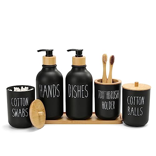 FEILANDUO Set di accessori per il bagno, 6 pezzi in plastica, set di accessori per il bagno con vassoio di vanità, dispenser di sapone, set porta spazzolino da denti, Qtip e porta palline di cotone